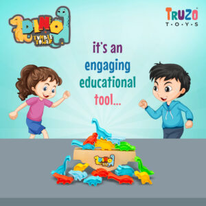 a cartoon of kids playing with Dino Tumble Tower